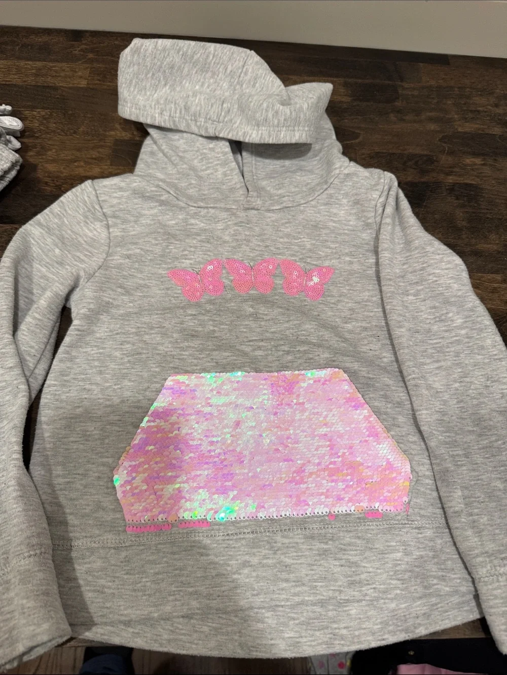 4/5 btween Light Gray Sequin Butterfly Hooded Sweatshirt and matching pants. - Picture 3 of 6